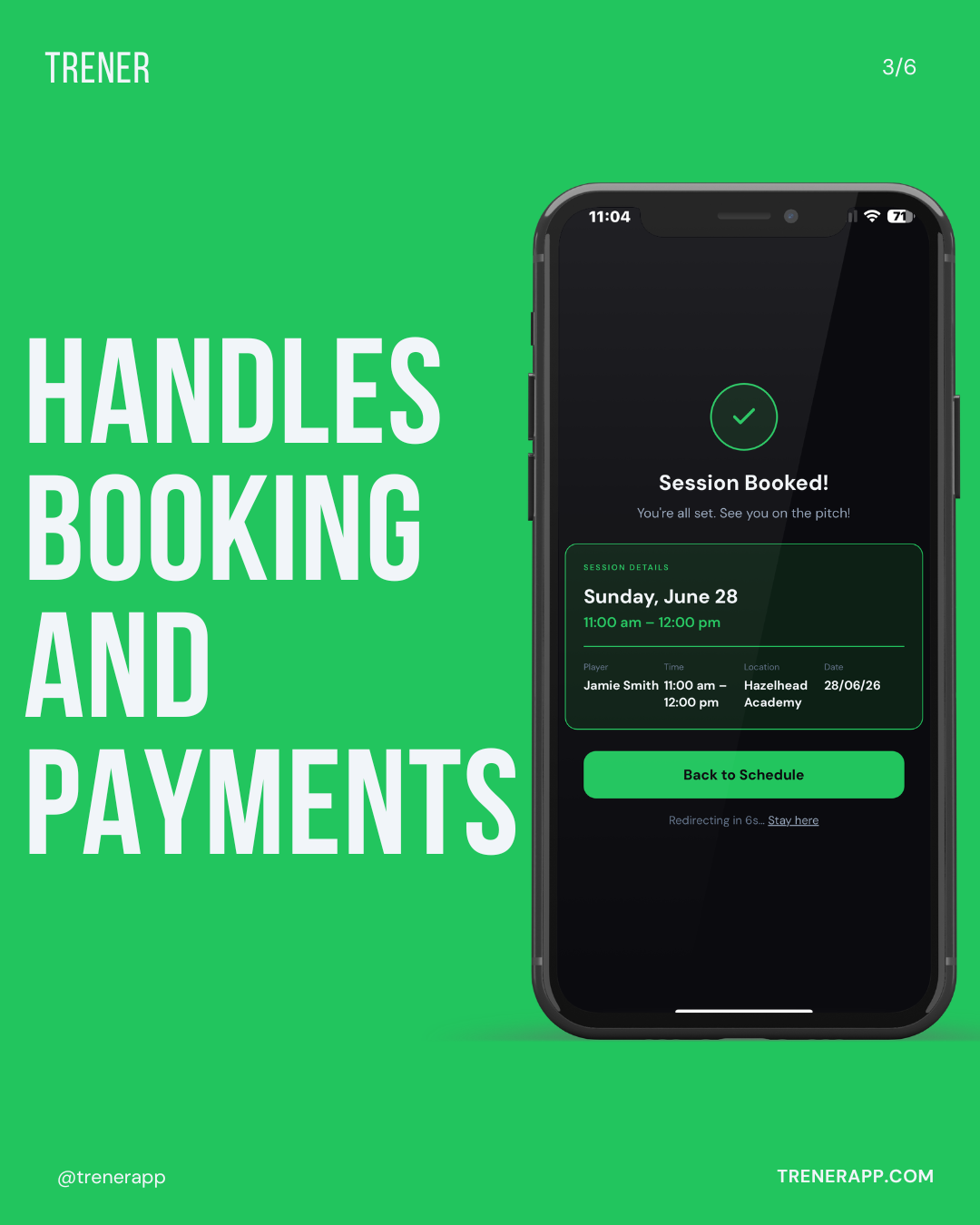 Handles booking and payments — a session confirmation screen showing the player, time, location and date of a booked session
