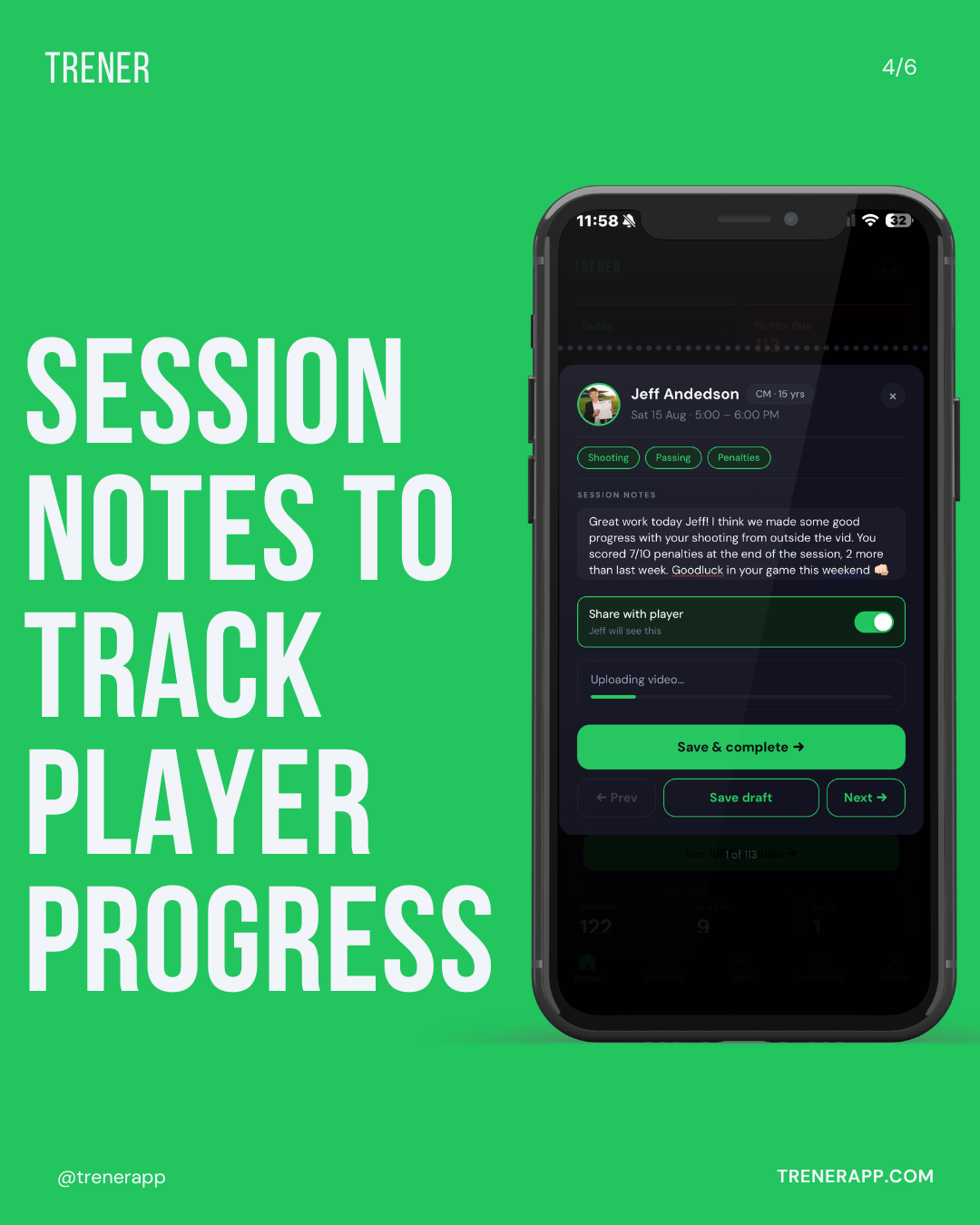 Session notes to track player progress — a coach writing feedback on a session, tagging the focus areas worked on, attaching a video and sharing it with the player